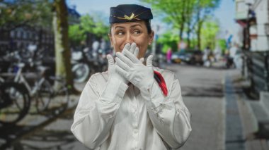 Kadın uçuş görevlisi, şehir caddesinde park halindeki bisiklet ve tuğla bina cephesinin yakınında eldivenli ellerle ağzını kapatıyor..