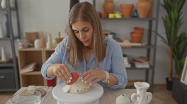 Sarışın kadın, elleri dönen bir çömlek çarkının üzerinde seramik bir kap yontuyor..