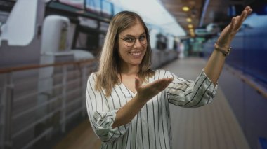 Güvertedeki koridorda çizgili tişört giyen açık elleri olan kadın, sıcak karşılama.