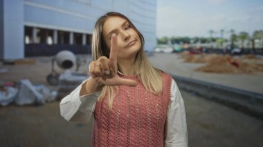 İnşaat alanında neşeli bir ifadeyle zavallı bir jest yapan kadın, çalışma ortamında gün ışığında yakalanan eğlenceli ya da mizahi bir bağlam öneriyor..