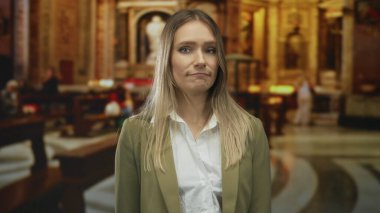 Zarif bir kilise içinde, etrafı dekoratif mimari ve ahşap sıralarla çevrili, zarif ve düşünceli bir ifadeyle huzurlu bir ortam sunan bir kadın..