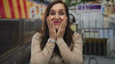 Kalabalık bir tren istasyonunda gözleri kapalı bir şekilde duran bir kadın, bir saat takıyor, kentsel bir demiryolu arkaplanı ile çevrili..