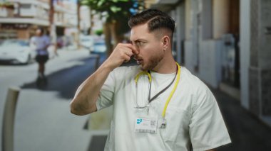 Sakallı genç bir doktor işlek bir caddede steteskop ve beyaz önlükle kötü bir koku yüzünden burnunu tutuyor..