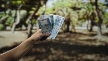 Arka planda ağaçlar olan bir parkta elinde Macar banknotları tutan adam, doğal ışık altında rahat bir bahçede para sergiliyor..