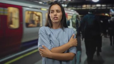 Binanın içindeki kalabalık tren peronunda çıplak omuz ve çapraz kollar tutan bir kadın..