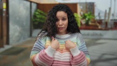 Renkli süveterli bir kadın dışarıda durup neşeli bir caddede kendini göstererek beklenmedik bir anı işaret ediyor..