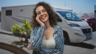 Kamp minibüsünün yanındaki caddede göğüs göğüse ve el ele gülümseyen kadın; keyif yolculuğu özgürlük macerası.