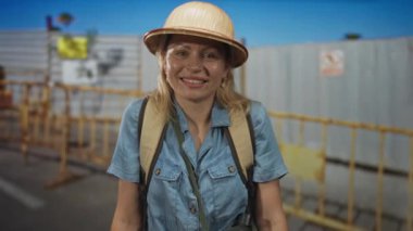 İnşaat alanında sırt çantası taşıyan kadın güneş ışığı altında gülümsüyor. Macera merakı..