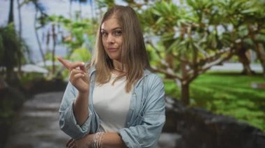 Kadın, orman yolunda kendini işaret ediyor, açık yeşil park sert ifadeyle ayarlanıyor; kişisel inkar.