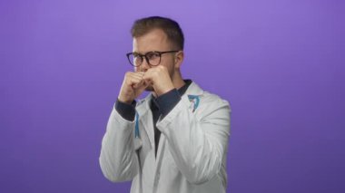 Beyaz önlük giyen doktor ve stüdyo mor arka planda yükselen yumruklu steteskop. Kararlılık..