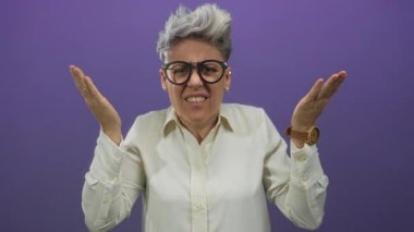 Kısa gümüş saçlı ve yuvarlak gözlüklü beyaz kadın stüdyoda elini kaldırdı ve kaşlarını çattı..