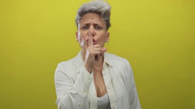 Kısa saçlı, beyaz tişörtlü, sessiz olmak için dudaklarına parmak işareti yapan kadın sarı stüdyoda sert bir ifadeyle, sakin bir sessizlik içinde..