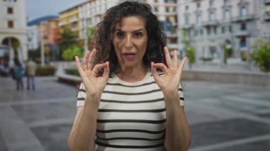 Çizgili tişörtlü, kıvırcık saçlı İspanyol kadın gündüz vakti iki eliyle şehir sokağında güzel bir jest yapıyor..