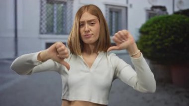 Açık havada, şehir caddesinde, gün boyunca günlük kıyafetlerle ciddi bir ifadeyle onaylamadığını belirten bir kadın var..