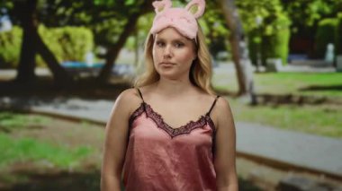 Pembe maskeli bir kadın gündüz vakti yeşil arka planlı şehir sokaklarında jest yapıyor..