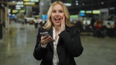 Havaalanı terminalinde akıllı telefon kullanan bir kadın. Etrafı hareketli gezginlerle çevrili, siyah takım elbiseli, iş seyahatini, teknolojiyi ve bağlantıyı yakalıyor..