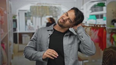 Genç İspanyol bir adam giyim mağazasında boynu ağrıyor. Etrafı canlı elbiseler ve vitrinlerle çevrili.