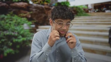 Mavi tişörtlü genç İspanyol adam etrafta yemyeşil yapraklar olan merdivenlerde çenesine dokunuyor..