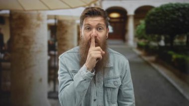 Açık hava şemsiyesi altındaki avluda sessizlik için parmaklarını dudaklarına dayayan adam; sessiz yansıma.