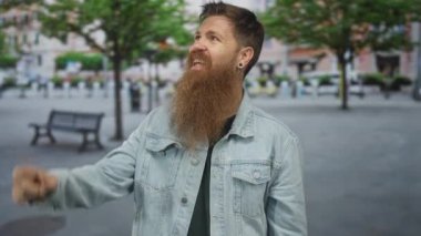 Kot ceket giyen beyaz sakallı genç adam, ağaçlarla kaplı bir şehir sokağında gün ışığında baş parmak hareketi gösteriyor; kararsızlık şüphesi.