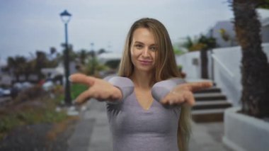 Dışarıdaki kamerayı gösteren kadın, güveni olan sokak arkasını gösteriyor. Gri gömlekli, gülen, öğleden sonra aydınlık şehir manzaralı..