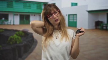 Avluda eli boynu bağlı, kırmızı gözlüklü ve beyaz tişörtlü bir kadın..