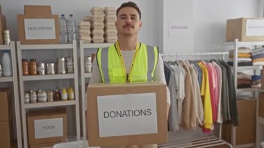 Yansıtıcı yelek giyen genç adam bağış kutusunu bağış odasında tutuyor. Etrafı giysi rafları ve konserve yiyeceklerle çevrili..