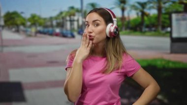 Güneşli bir sokakta kulaklık takan bir kadın palmiye ağaçlarıyla, pembe bir gömlek giyiyor ve neşeli bir ifadeyle gülümsüyor, gençlik enerjisi ve moda gösterisi yapıyor..