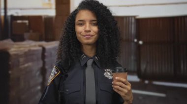 Kapalı bir inşaat alanında kahve tutan genç bayan polis memuru, üniforma giyiyor, güvenle gülümsüyor, endüstriyel bir çevrede otoriteyi ve güvenliği temsil ediyor..