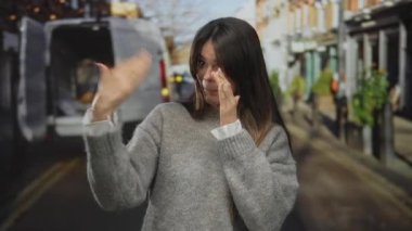 Arka planda teslimat minibüsü olan şehir caddesinde işaret dili kullanan bir kadın, etkileşim sırasında duygularını ifade ediyor..