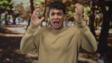 Erkek el kaldırır açık hava sahnesinde genç İspanyol korku süveteri giyen adam ani gürültüye tepki verir..