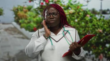 Şehir dışında elinde gözlüklü bir kadın diş ağrısını steteskopla ifade ediyor. Beyaz gömlek ve gözlük takıyor..