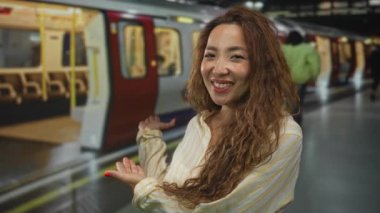 Avuç içleriyle gülümseyen bir kadın metro binasında tren sunar, çizgili gömlek giyer, seyahat anını hoş karşılar..