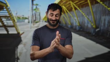 Sarı bir yapının altında, güneşli bir caddede el çırpan sakallı İspanyol bir adam memnuniyet ve gündelik tavır sergiliyor..