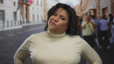 İnsanlar geçerken, şehir yaşamının ve duygularının özünü yakalayan, hareketli bir caddede memnuniyetsizliğini ifade eden bir kadın..