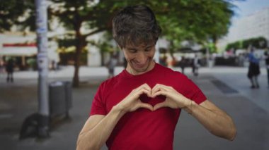 Kırmızı tişörtlü genç adam şehir caddesinde parlak güneş ışığı altında kalp hareketi yapıyor..