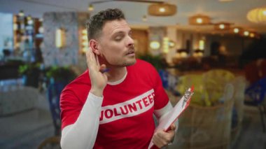 İspanyol bir adam otel ortamında not alır. Gönüllü bir tişört giyip pano takar. Konsantrasyon ve nişanı somutlaştırır..