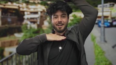 Latin asıllı genç bir adam şehir sokaklarında el hareketi yapıyor, sanatsal olarak zengin yeşillik ve arka plan mimarisi ile şehir ortamını yakalıyor..