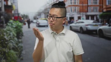 Park halindeki arabaların ve tuğla binaların yakınındaki sokağa bakan, beyaz polo giyen, meraklı bir adam..