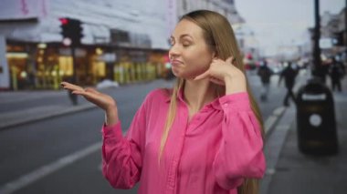 Pembe tişörtlü bir kadın, işlek bir şehir sokağında arka planı bulanık bir şekilde iletişim ve dışa dönük bir ifadeyle bir şeyleri açıklarken telefon jesti yapıyor..
