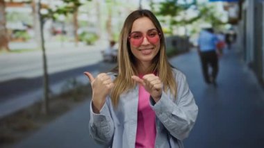 Sarı saçlı, pembe güneş gözlüğü takan, sıradan giyinen, gülümseyen ve arka planda bulanık yayalar olan kalabalık bir şehir caddesini işaret eden genç bir kadın..