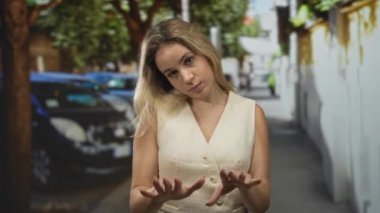 Avuçları avuçları avuçlarında, park halindeki arabalar ve ağaçlarla dolu bir caddede kameraya doğru itilmiş bir kadın..