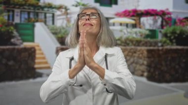 Beyaz önlük ve steteskop giyen kadın doktor, dua ederken ellerini sımsıkı bağlayıp, taş basamaklar ve çiçeklerle güneşli bir sokakta yukarıya bakıyor; umut..