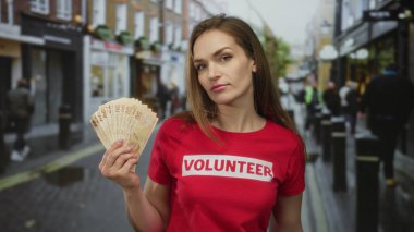 Sokak kaldırımında Türk lirası banknotları tutan genç bir kadın; hayırseverlik cömertliği merhamet.