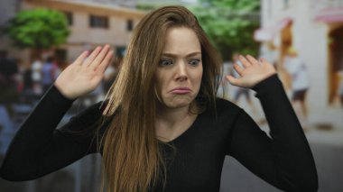 Kahverengi saçlı genç bir kadın kalabalık bir caddenin köşesinde kameraya doğru eğiliyor..