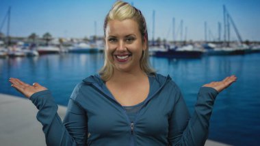 Güneşli bir yat limanında, arkasında tekneler ve berrak gökyüzünün altında ışıl ışıl mavi su sunan bir kadın..