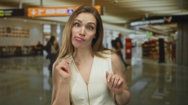 Beyaz kolsuz bluz giyen kadın hareketli bir havaalanı terminalinde anlamlı bir jest ile dilinden sarkan;.