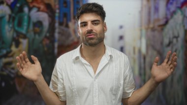 Beyaz gömlekli genç adam, şehir caddesinde duvar yazısı önünde el ele tutuşuyor..