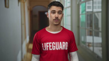 Cankurtaran tişörtlü genç İspanyol adam otel koridorunda özenli ve hazır duruyor. Güvenlik, güvenlik ve profesyonelliğin altını çiziyor..