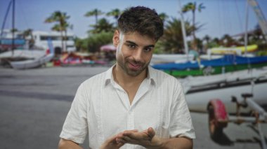 Limanda para jestinde parmak ve işaret parmağı çimdikleyen genç İspanyol adam; açgözlülük arzuyu refah içinde harcıyor.